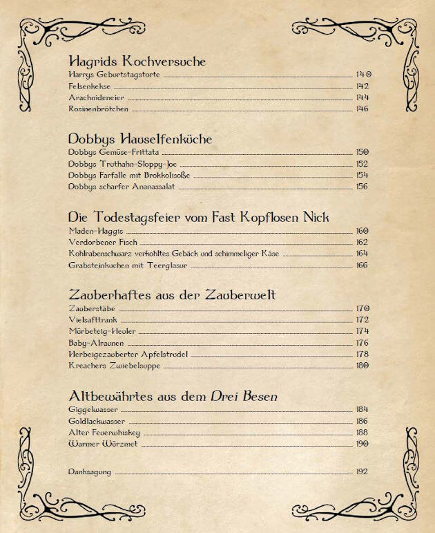 Eine Seite des Inhaltsverzeichnis vom inoffiziellen Kochbuch für Harry Potter Fans