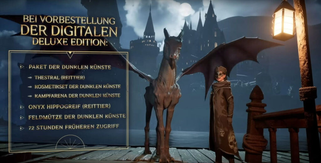 Thestral im Videospiel Hogwarts Legacy. Vorbesteller können mit diesem durch die magische Welt fliegen.